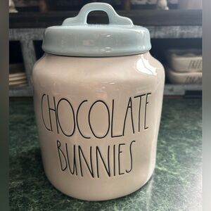 Rae Dunn Chocolate Bunnies Large Canister With Blue Lid